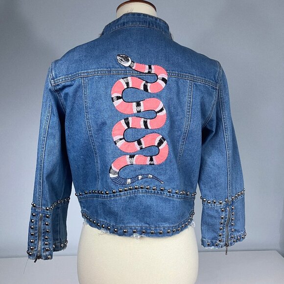 Fernanda Farah Snake Patch Denim Crop Moto Jacket Embroidered Studded Medium - Picture 1 of 14